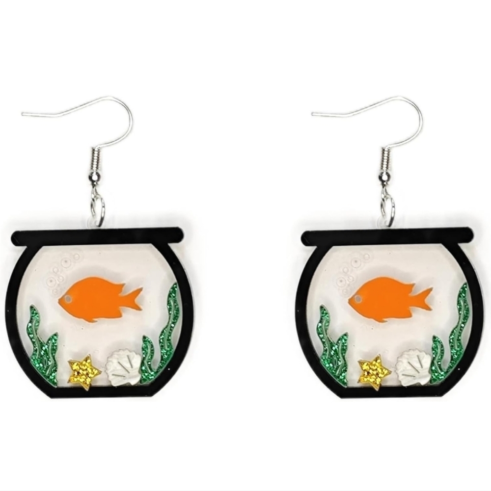 Women’s Jewelry Cute Fish Bowl Dangle Earrings with Orange Fish & Green Seaweed
